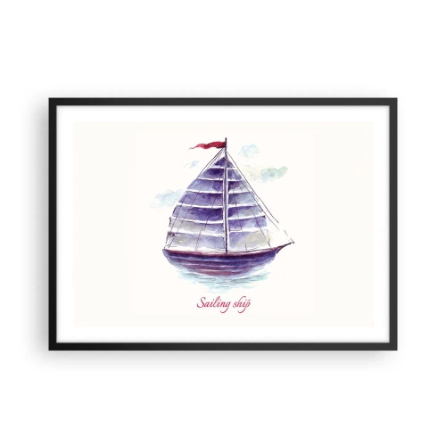Póster en marco negro - Una pintura de acuarela de un velero en el agua con una delicada inscripción. - 70x50cm - Velas izadas y aguas tranquilas - Decoración de pared moderna para salón y dormitorio ARTTOR