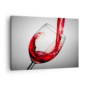 Cuadro sobre lienzo - Impresión de Imagen - Una copa de vino tinto vertida sobre un fondo claro. - 70x50cm - Color - Movimiento - Sonido - Decoración de pared moderna para salón y dormitorio ARTTOR