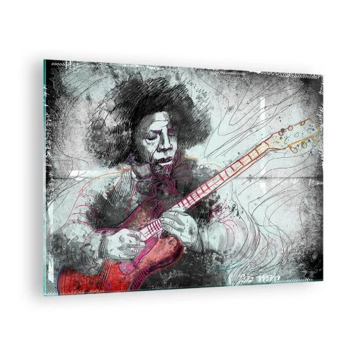 Cuadro sobre vidrio - Impresiones sobre Vidrio - Retrato artístico de un músico con una guitarra eléctrica. - 70x50cm - Volando con la música - Decoración de pared moderna para salón y dormitorio ARTTOR