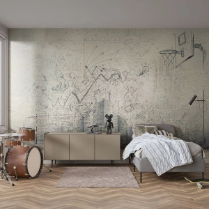 Fotomural Premium Sand - Una pared cubierta de dibujos que simbolizan la creatividad. - 100x70cm - Mi gloriosa vida en la ciudad - Decoración de pared moderna para salón y dormitorio ARTTOR