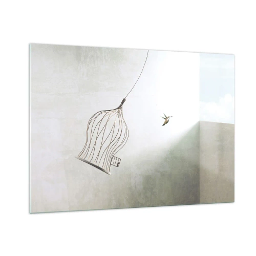 Cuadro sobre vidrio - Impresiones sobre Vidrio - Una jaula abierta y un colibrí volando a la luz del día. - 100x70cm - Aquí debo estar - Decoración de pared moderna para salón y dormitorio ARTTOR