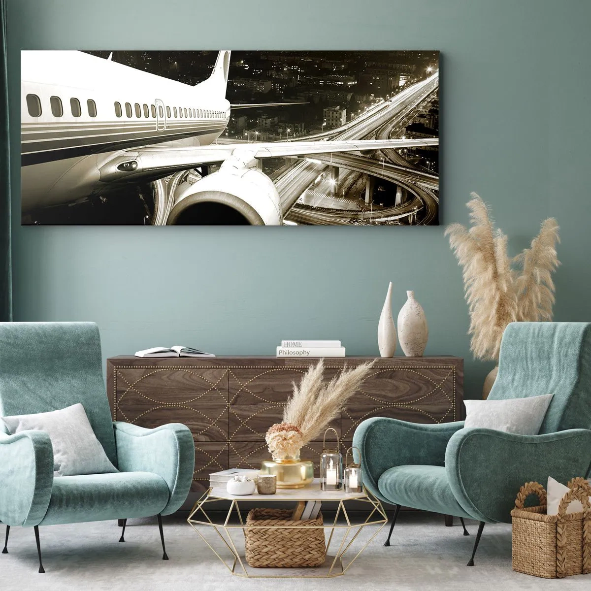 Cuadro sobre lienzo - Impresión de Imagen - Un avión sobre una ciudad nocturna con carreteras iluminadas. - 160x50cm - Vuela hacia la noche - Decoración de pared moderna para salón y dormitorio ARTTOR