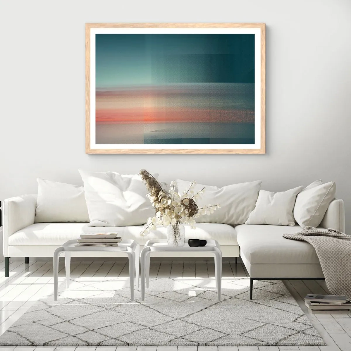 Póster en marco roble claro - Abstracción: ondas de luz - 100x70 cm