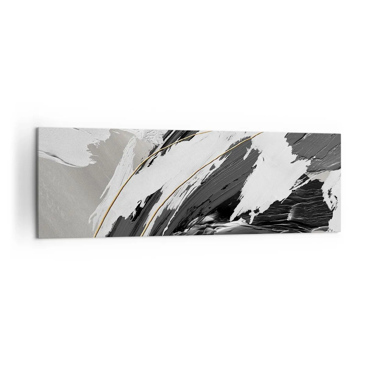 Cuadro sobre lienzo - Impresión de Imagen - Trazos de pintura en blanco y negro con un sutil acento dorado. - 160x50cm - Abstracción con estilo - Decoración de pared moderna para salón y dormitorio ARTTOR