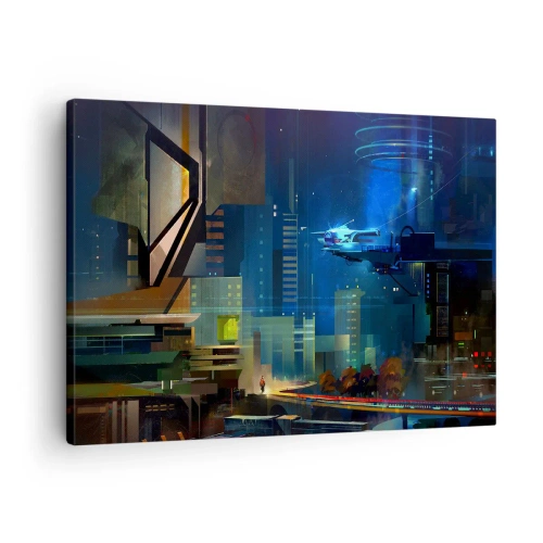 Cuadro sobre lienzo - Impresión de Imagen - Ciudad futurista de noche con luces de neón y un vehículo volador. - 70x50cm - En un futuro próximo - Decoración de pared moderna para salón y dormitorio ARTTOR