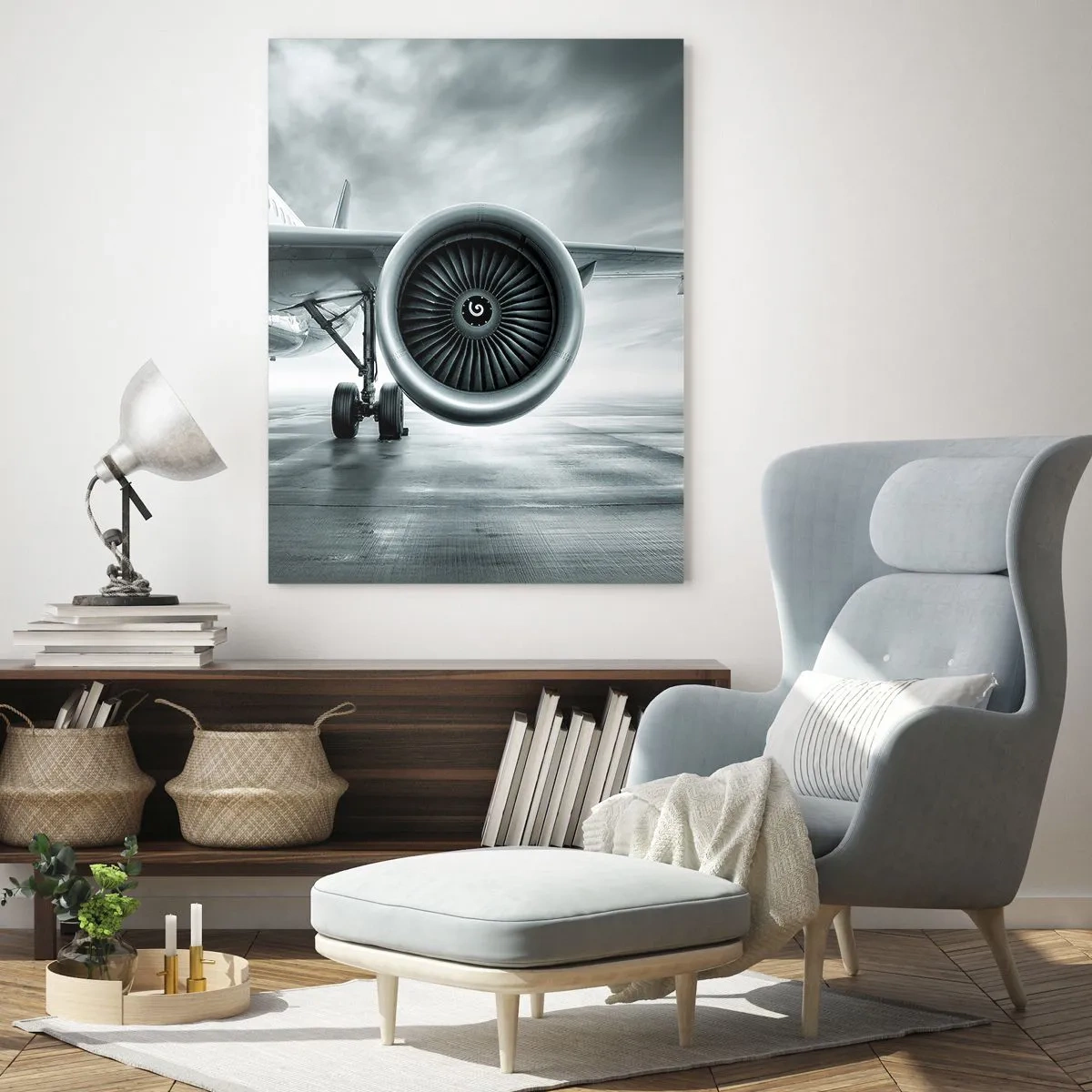 Cuadro sobre vidrio - Impresiones sobre Vidrio - El motor a reacción de un avión en la pista - 70x100cm - Hay poder - Decoración de pared moderna para salón y dormitorio ARTTOR