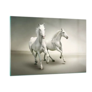 Cuadro sobre vidrio - Impresiones sobre Vidrio - Dos caballos blancos corriendo sobre un fondo claro. - 120x80cm - ¡Poder blanco! - Decoración de pared moderna para salón y dormitorio ARTTOR