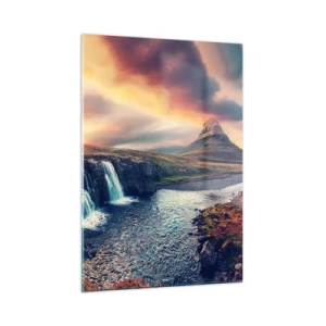 Cuadro sobre vidrio - Impresiones sobre Vidrio - Cascada y montaña al atardecer en el paisaje islandés - 50x70cm - En la majestuosidad de la naturaleza - Decoración de pared moderna para salón y dormitorio ARTTOR