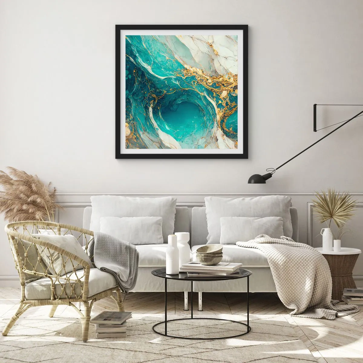 Póster en marco negro - Composición con vetas de oro - 60x60 cm