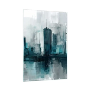 Cuadro sobre vidrio - Impresiones sobre Vidrio - Una ciudad moderna en tonos turquesa y gris. - 70x100cm - Ciudad color lluvia - Decoración de pared moderna para salón y dormitorio ARTTOR
