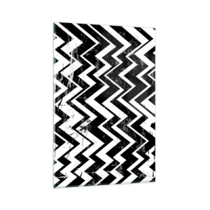 Cuadro sobre vidrio - Impresiones sobre Vidrio - Patrón en zigzag en blanco y negro con abrasiones artísticas - 80x120cm - Zig-blanco, zag-negro - Decoración de pared moderna para salón y dormitorio ARTTOR