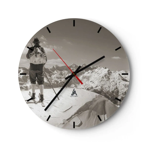 Reloj de pared - Reloj de vidrio - Esquiador con montañas nevadas como telón de fondo en estilo retro. - 30x30cm - El techo del mundo - Decoración de pared moderna para salón, cocina y dormitorio ARTTOR