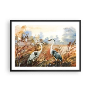 Póster en marco negro - Dos garzas sobre el fondo de un paisaje otoñal. - 70x50cm - ¿A dónde nos dirigimos en otoño? - Decoración de pared moderna para salón y dormitorio ARTTOR
