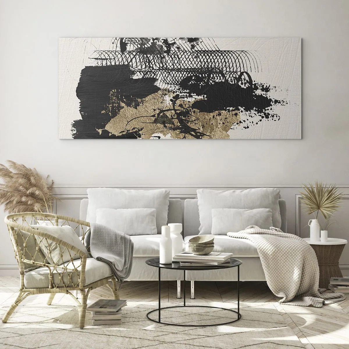Cuadro sobre vidrio - Impresiones sobre Vidrio - Una pintura abstracta en negro y dorado con líneas y estructuras dinámicas. - 120x50cm - Composición con pasión - Decoración de pared moderna para salón y dormitorio ARTTOR