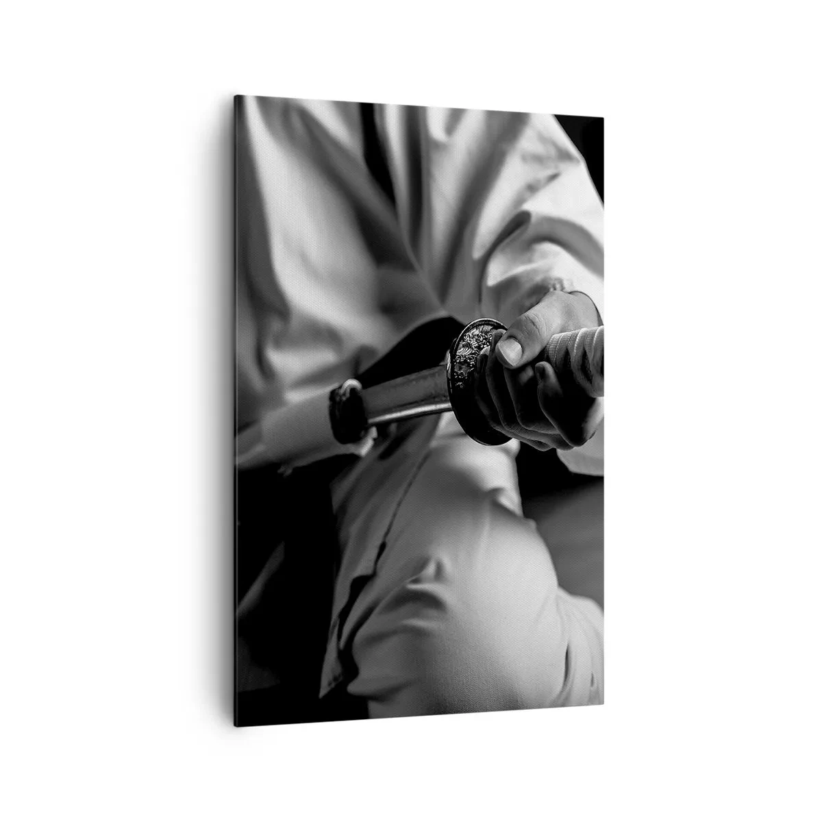 Cuadro sobre lienzo - Impresión de Imagen - Un samurái con kimono sosteniendo una katana en blanco y negro. - 80x120cm - Alma de guerrero - Decoración de pared moderna para salón y dormitorio ARTTOR