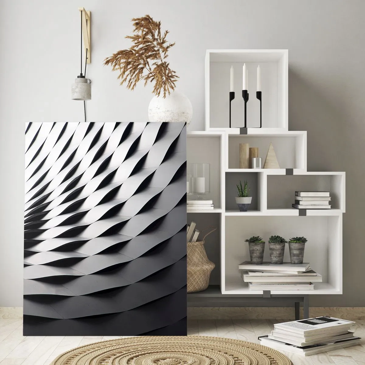 Cuadro sobre vidrio - Impresiones sobre Vidrio - Una estructura abstracta en blanco y negro que se asemeja a formas onduladas. - 50x70cm - En la superficie de las ondas - Decoración de pared moderna para salón y dormitorio ARTTOR