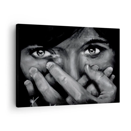Cuadro sobre lienzo - Impresión de Imagen - Retrato en blanco y negro de una mujer cubriéndose la cara con las manos. - 70x50cm - No diré quién lo pintó - Decoración de pared moderna para salón y dormitorio ARTTOR