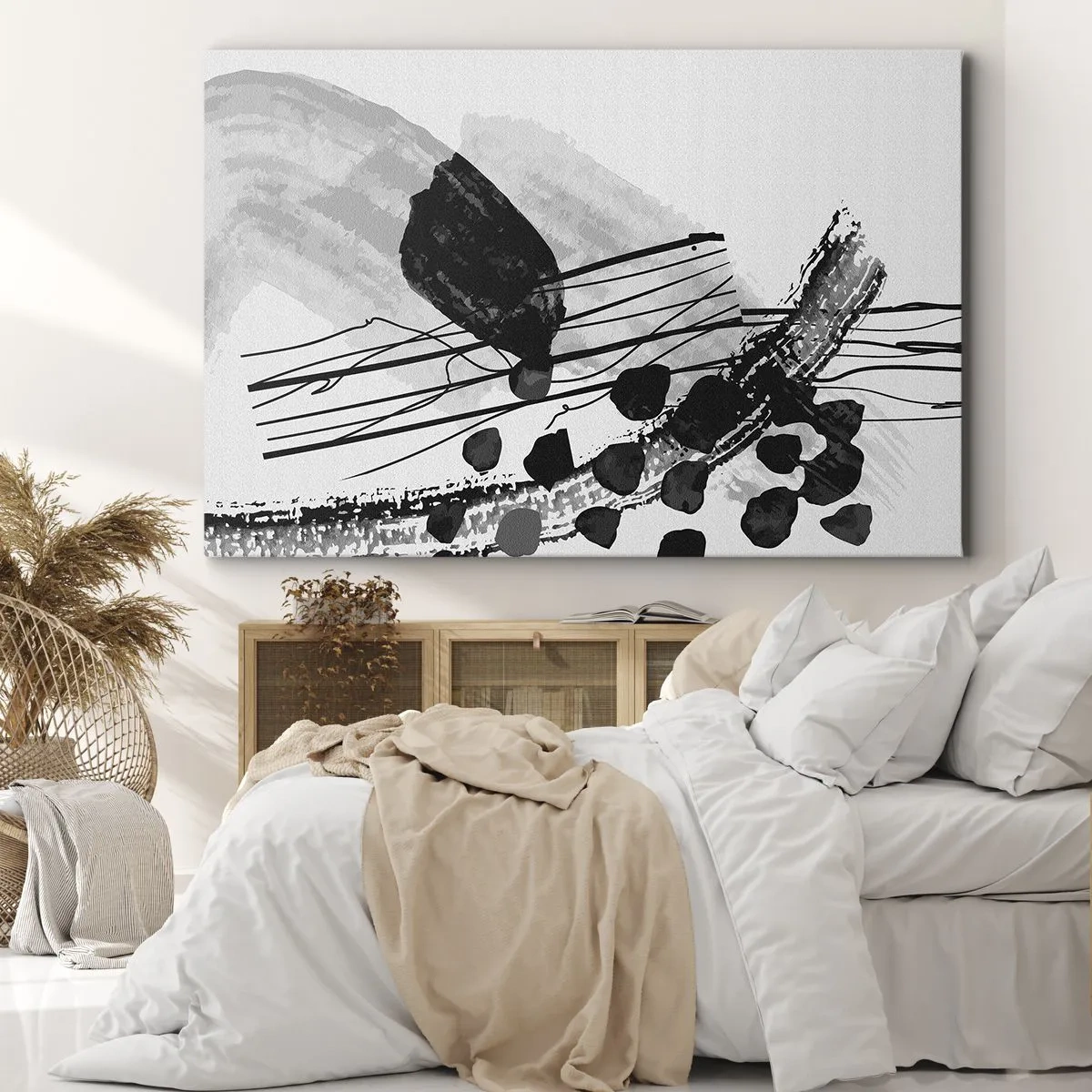 Cuadro sobre lienzo - Impresión de Imagen - Composición abstracta en blanco y negro con formas orgánicas. - 70x50cm - Abstracción orgánica en blanco y negro - Decoración de pared moderna para salón y dormitorio ARTTOR