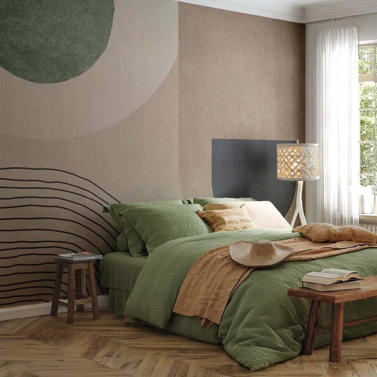 Fotomural Premium Canvas - Formas geométricas en tonos beige y verde. - 100x70cm - La delicadeza de un óvalo - Decoración de pared moderna para salón y dormitorio ARTTOR