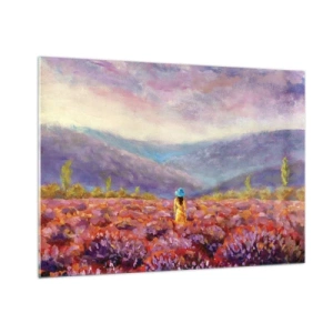 Cuadro sobre vidrio - Impresiones sobre Vidrio - Una figura con sombrero en un campo de lavanda al anochecer. - 100x70cm - En un mundo de lavanda - Decoración de pared moderna para salón y dormitorio ARTTOR