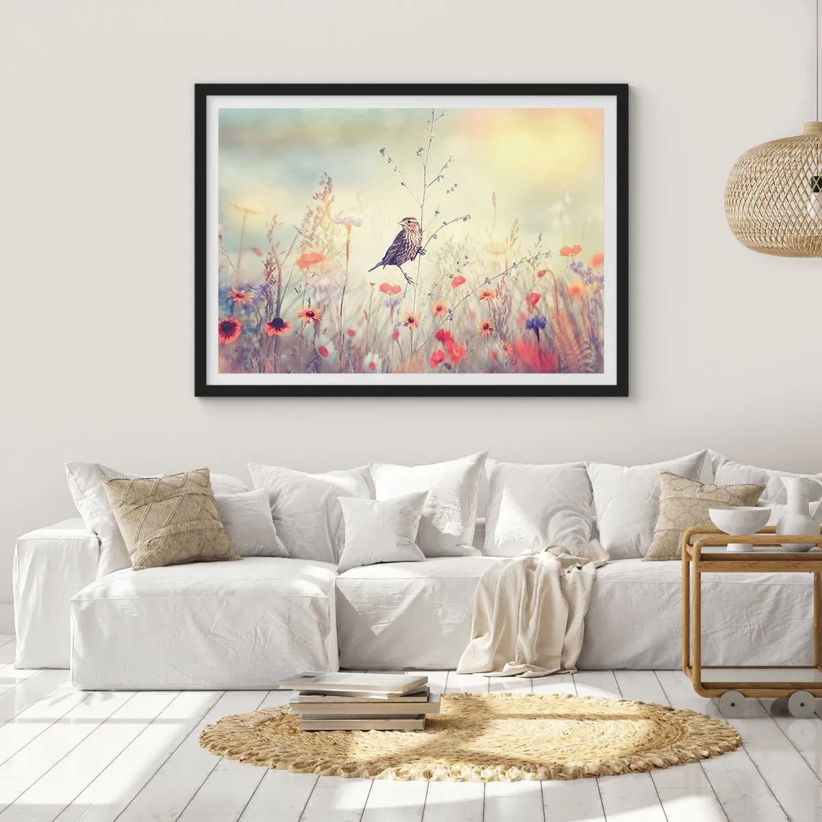 Póster en marco negro - Retrato de pájaro con prado de fondo - 50x40 cm