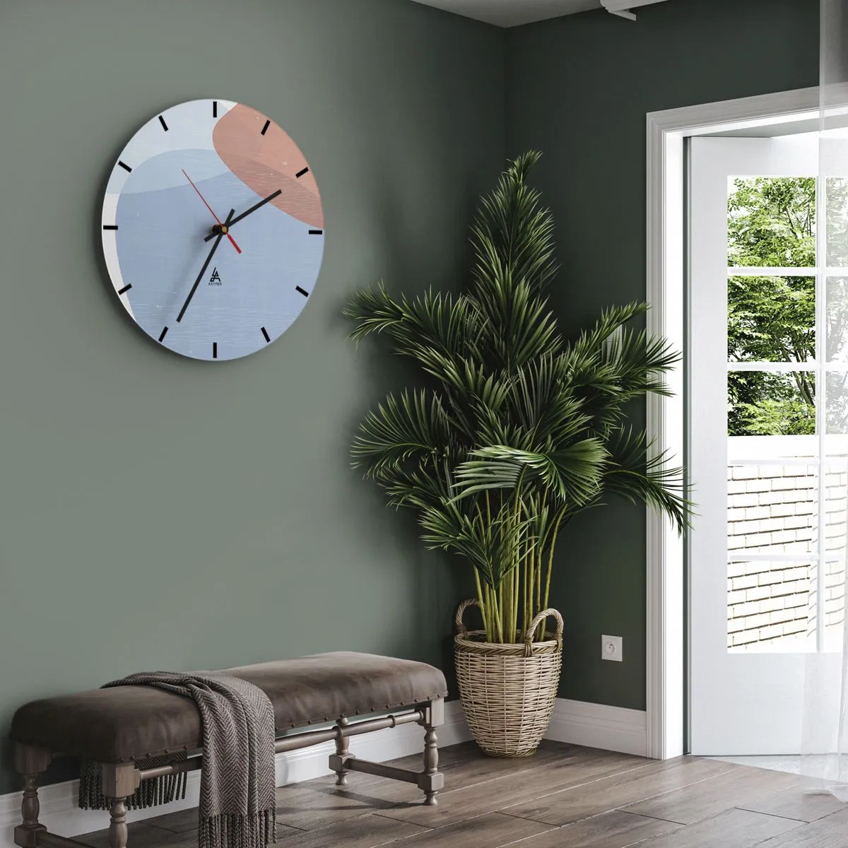 Reloj de pared - Reloj de vidrio - Una forma abstracta en azul y terracota sobre un fondo claro. - 30x30cm - Relaciones en colores pastel - Decoración de pared moderna para salón, cocina y dormitorio ARTTOR
