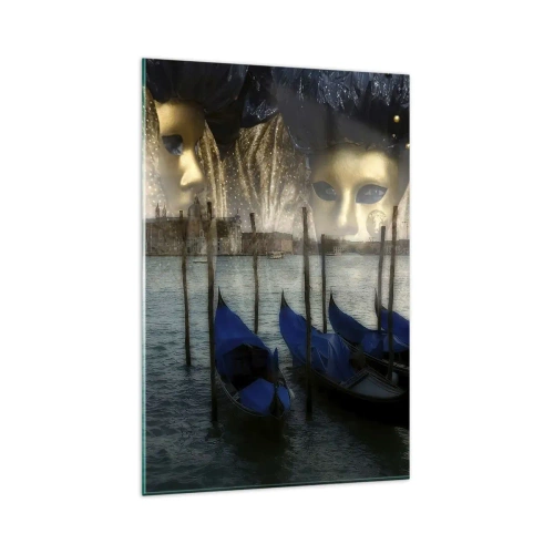 Cuadro sobre vidrio - Impresiones sobre Vidrio - Máscaras de carnaval veneciano y góndolas con la ciudad y el agua como telón de fondo. - 80x120cm - El tiempo de carnaval ha comenzado - Decoración de pared moderna para salón y dormitorio ARTTOR