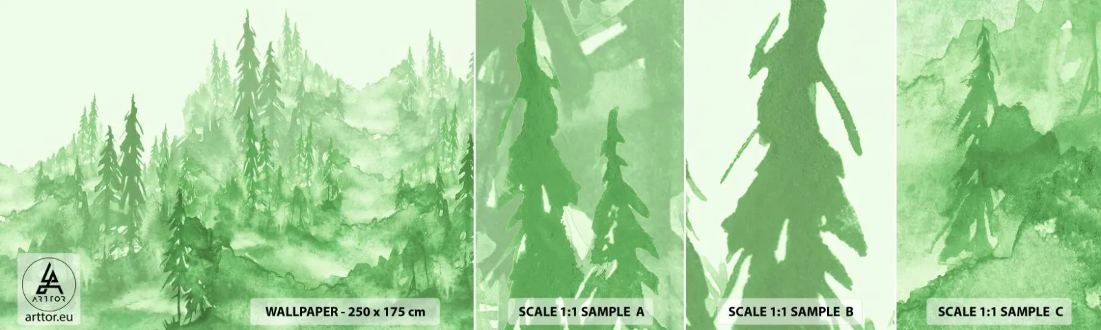 Muestra De Fotomural Standard Eco - Difuminado con niebla verde - Bosque, Gráficos, Paisaje - 100x30 cm