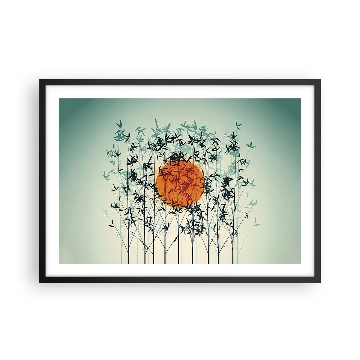 Póster en marco negro - Sol naranja entre las ramas de bambú. - 70x50cm - El sol de Japón - Decoración de pared moderna para salón y dormitorio ARTTOR