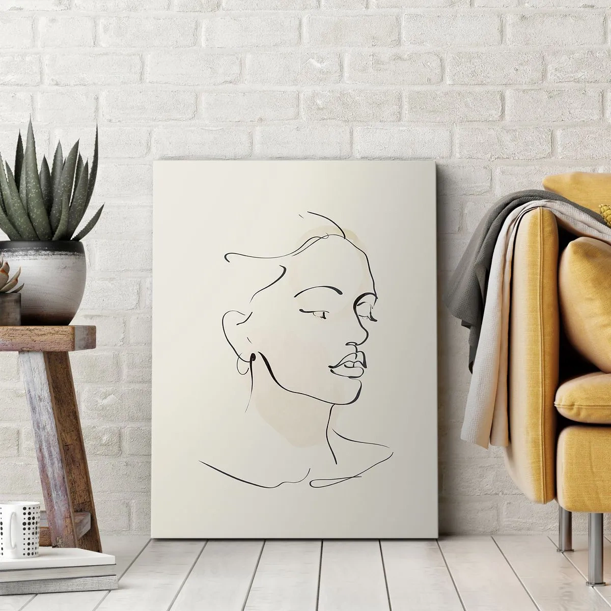 Cuadro sobre lienzo - Impresión de Imagen - Un delicado boceto del rostro de una mujer sobre un fondo claro. - 50x70cm - Líneas que muestran seguridad - Decoración de pared moderna para salón y dormitorio ARTTOR