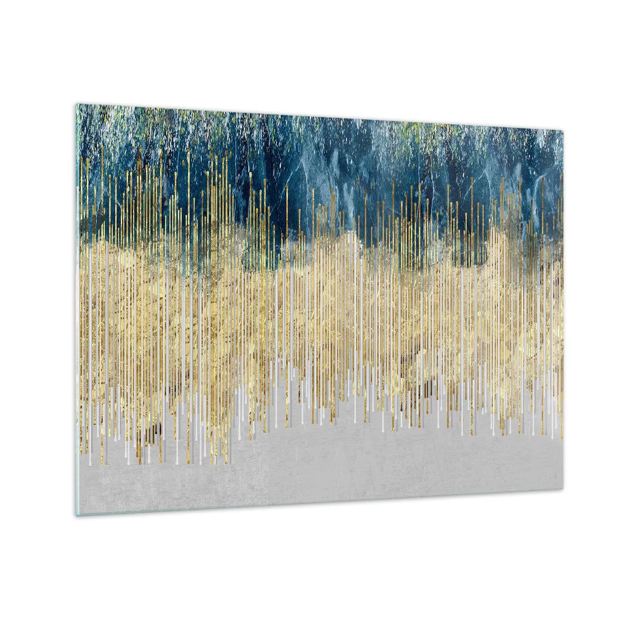 Cuadro sobre vidrio - Impresiones sobre Vidrio - Líneas verticales doradas sobre un fondo de bosque azul oscuro - 70x50cm - Frontera de líneas doradas - Decoración de pared moderna para salón y dormitorio ARTTOR
