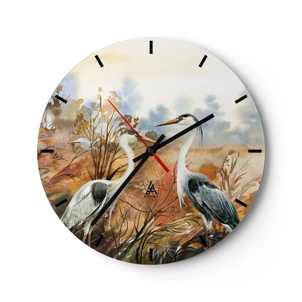 Reloj de pared - Reloj de vidrio - Dos grullas en un paisaje otoñal de acuarela - 30x30cm - ¿A dónde nos dirigimos en otoño? - Decoración de pared moderna para salón, cocina y dormitorio ARTTOR