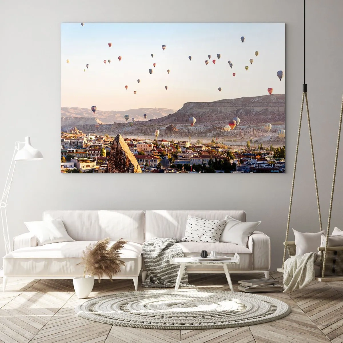Cuadro sobre vidrio - Impresiones sobre Vidrio - Vuelo en globo sobre Capadocia a la luz de la mañana. - 100x70cm - Surcando los cielos - Decoración de pared moderna para salón y dormitorio ARTTOR