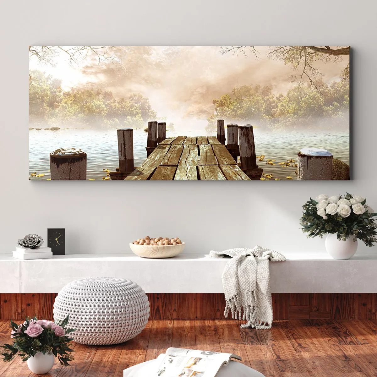 Cuadro sobre lienzo - Impresión de Imagen - Un muelle de madera que conduce a un lago tranquilo en la niebla de la mañana. - 120x50cm - La leve tristeza del otoño - Decoración de pared moderna para salón y dormitorio ARTTOR