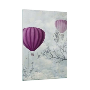 Cuadro sobre vidrio - Impresiones sobre Vidrio - Globos morados flotando entre las nubes y las ramas de los árboles. - 50x70cm - Surcando los cielos - Decoración de pared moderna para salón y dormitorio ARTTOR