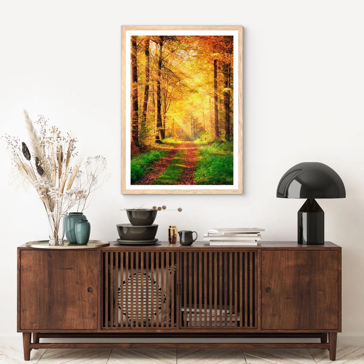 Póster en marco roble claro - Silencio dorado del bosque - 50x70 cm