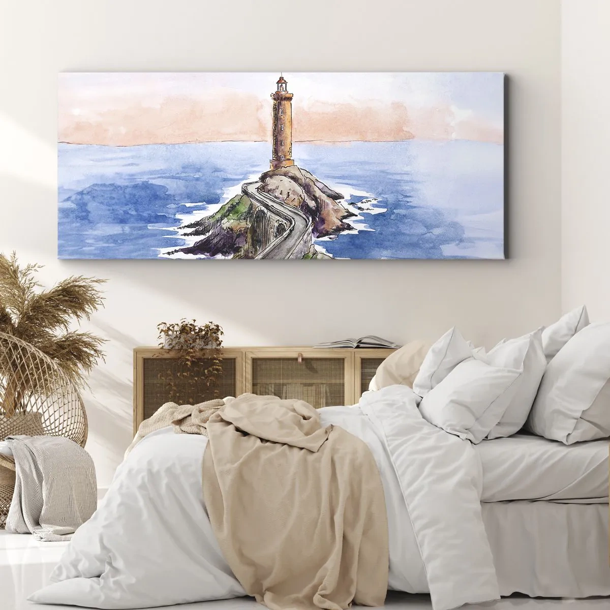 Cuadro sobre lienzo - Impresión de Imagen - Un faro en una costa rocosa - 160x50cm - Frente al mar - Decoración de pared moderna para salón y dormitorio ARTTOR
