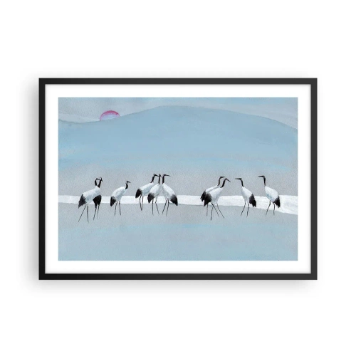 Póster en marco negro - Un grupo de grullas contra un cielo azul y el sol naciente. - 70x50cm - Después de un día caluroso - Decoración de pared moderna para salón y dormitorio ARTTOR