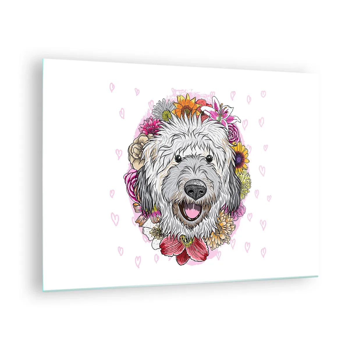 Cuadro sobre vidrio - Impresiones sobre Vidrio - Ilustración de un perro rodeado de flores. - 70x50cm - Alegría de cachorro - Decoración de pared moderna para salón y dormitorio ARTTOR