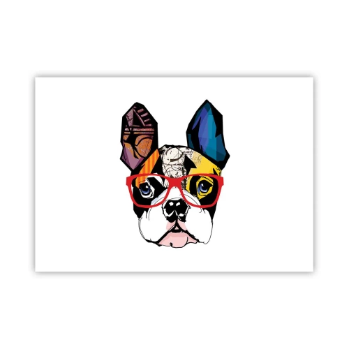 Póster - Bulldog en una ilustración colorida con gafas rojas. - 100x70cm - El intelectual - Decoración de pared moderna para salón y dormitorio ARTTOR