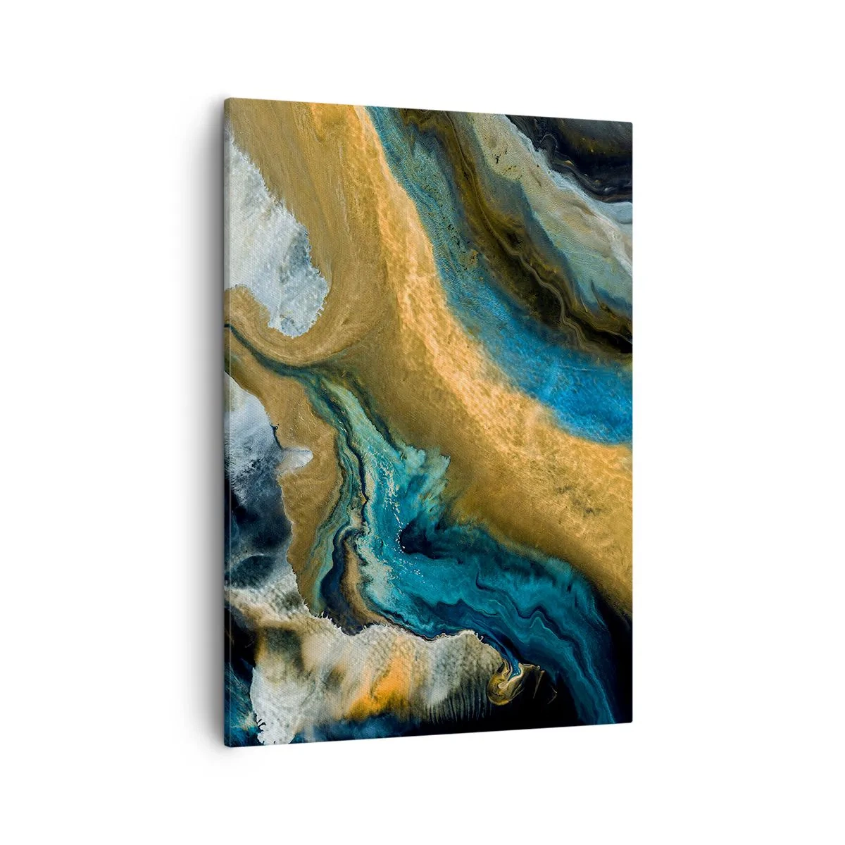 Cuadro sobre lienzo - Impresión de Imagen - Ondas abstractas en tonos dorados y azules. - 50x70cm - Azul - amarillo - influencia mutua - Decoración de pared moderna para salón y dormitorio ARTTOR