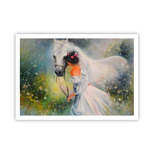 Póster - Una mujer con un caballo blanco en un entorno pintoresco. - 100x70cm - Como si de un hermoso sueño se tratara - Decoración de pared moderna para salón y dormitorio ARTTOR