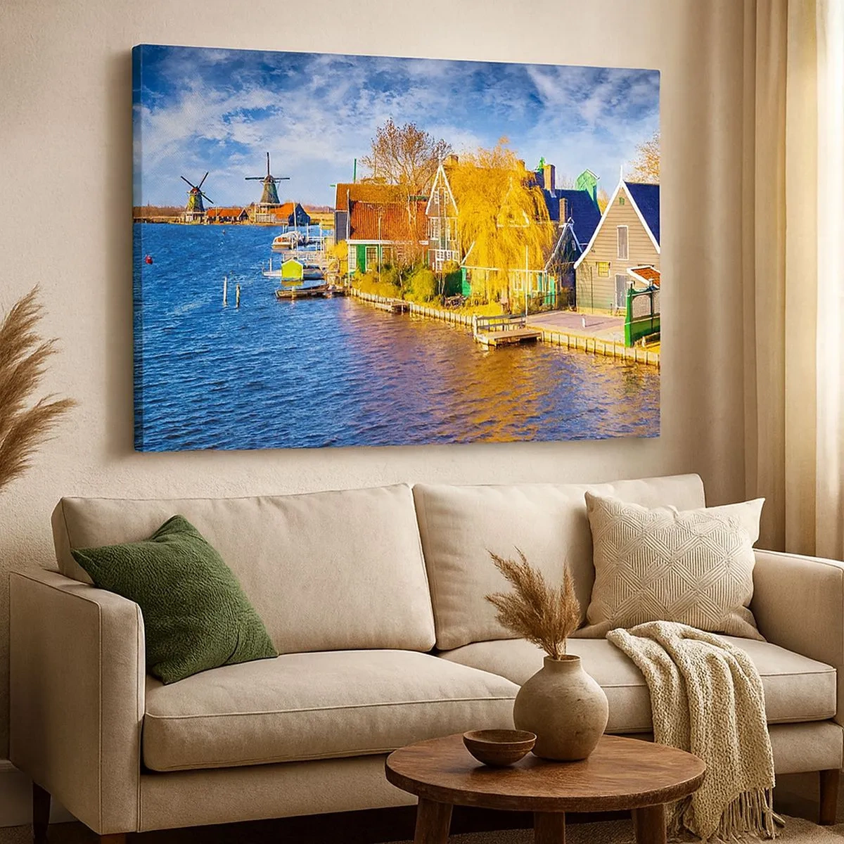 Cuadro sobre lienzo - Impresión de Imagen - Casas pintorescas y molinos de viento junto al agua - 70x50cm - Durante siglos, sin cambios - Decoración de pared moderna para salón y dormitorio ARTTOR