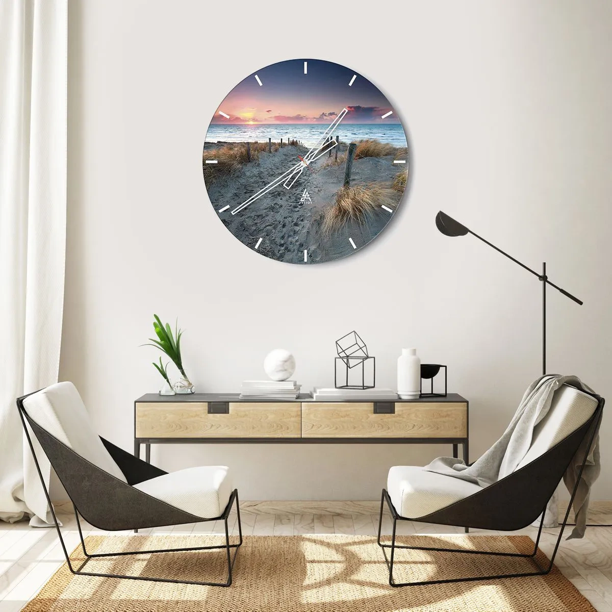Reloj de pared - Reloj de vidrio - Entrada a la playa al atardecer con vista al mar. - 30x30cm - Se derramó un arco iris de luminosidad.... - Decoración de pared moderna para salón, cocina y dormitorio ARTTOR
