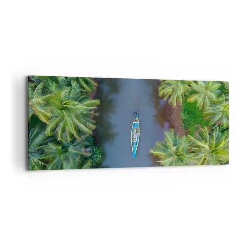 Cuadro sobre lienzo - Impresión de Imagen - Una vista de pájaro de un barco en un río rodeado de palmeras. - 120x50cm - En un sendero tropical - Decoración de pared moderna para salón y dormitorio ARTTOR