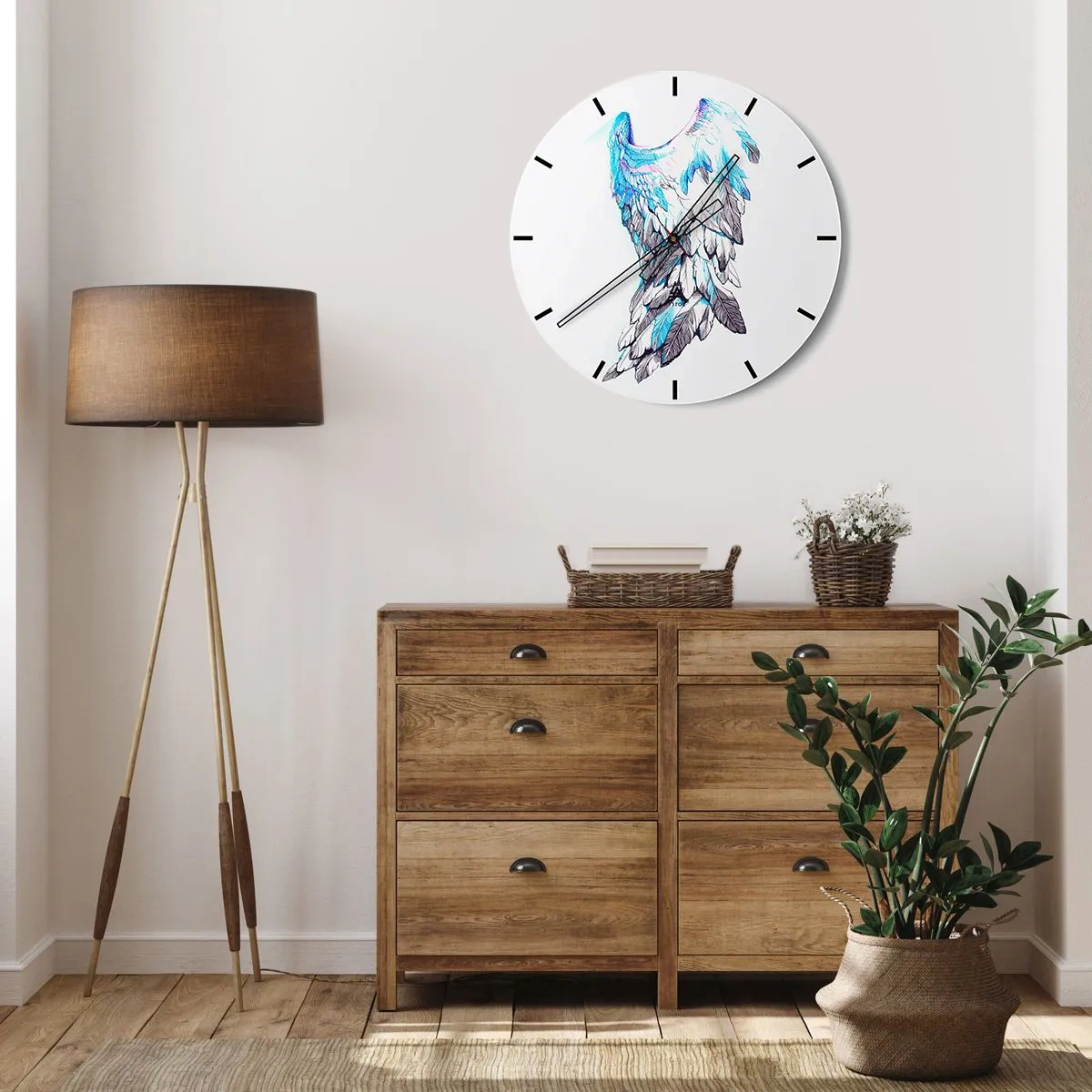 Reloj de pared - Reloj de vidrio - Ala artística en tonos azules y blancos sobre fondo blanco. - 30x30cm - Necesito alas - Decoración de pared moderna para salón, cocina y dormitorio ARTTOR
