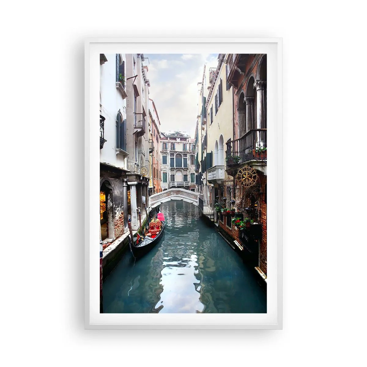 Póster en marco blanco - Paisaje veneciano con góndola y puente - 61x91 cm