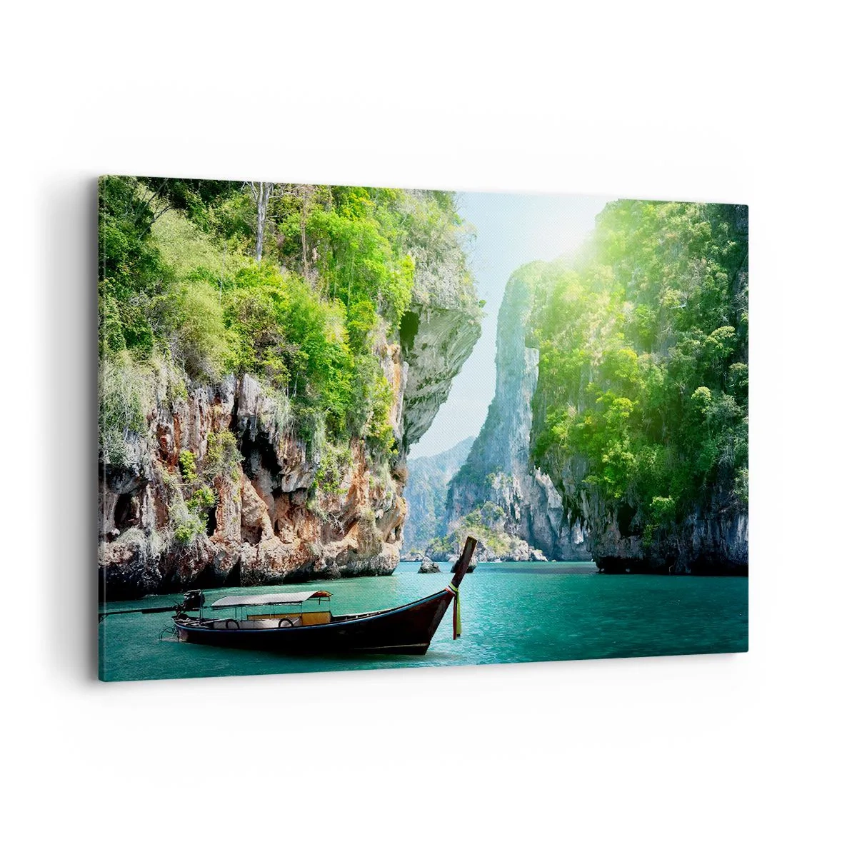 Cuadro sobre lienzo - Impresión de Imagen - Un barco tradicional con un telón de fondo de acantilados tropicales y aguas turquesas. - 120x80cm - Una invitación a un viaje exótico - Decoración de pared moderna para salón y dormitorio ARTTOR