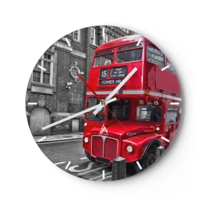 Reloj de pared - Reloj de vidrio - Un autobús rojo de Londres con un fondo de edificios históricos - 30x30cm - El mismo de siempre - Decoración de pared moderna para salón, cocina y dormitorio ARTTOR