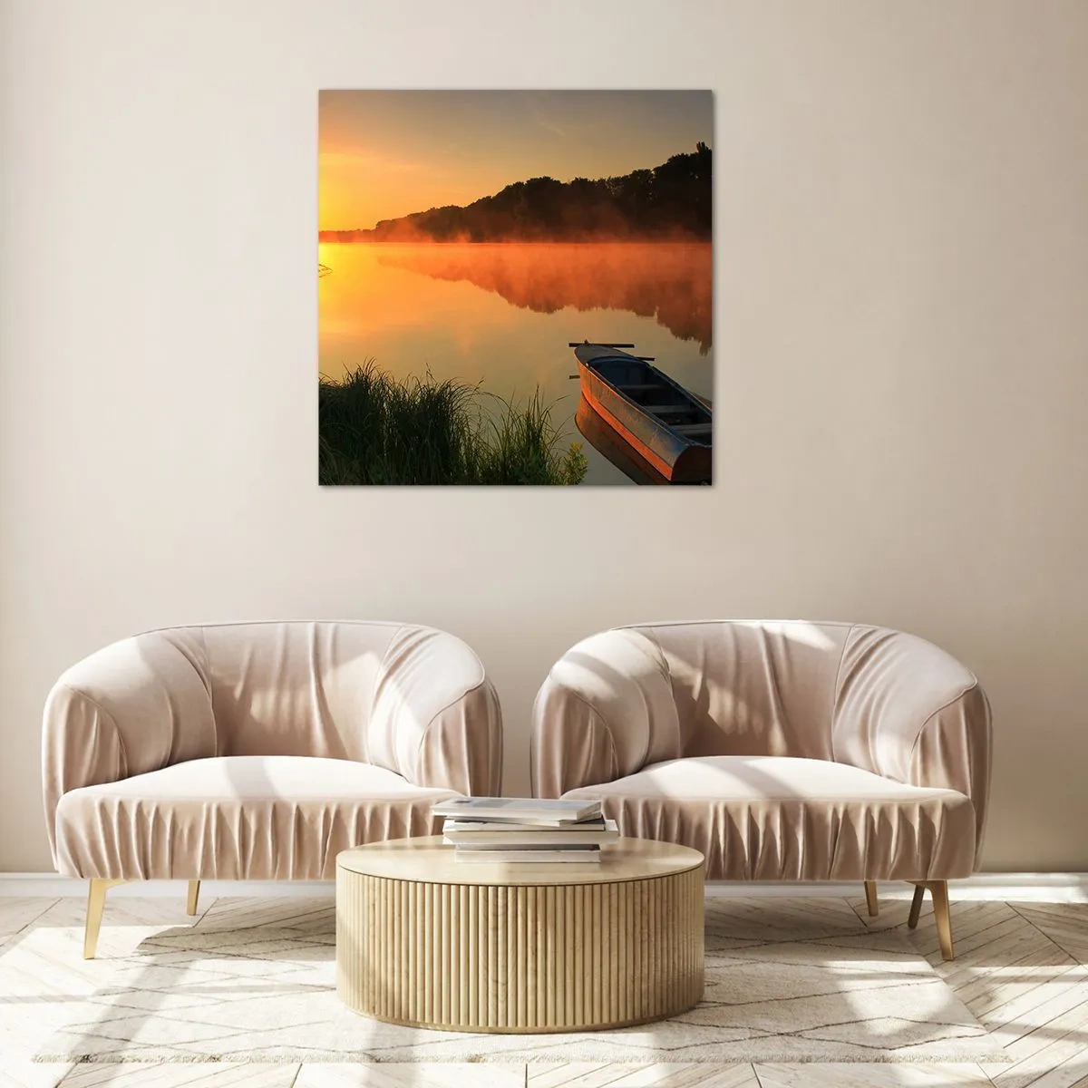 Cuadro sobre vidrio - Impresiones sobre Vidrio - Amanecer sobre el agua como la superficie de un espejo - 30x30 cm